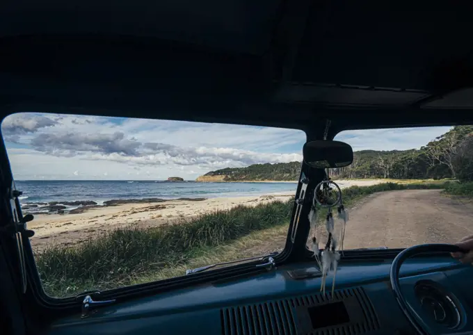 View of scenic tranquil ocean from van, Australia
