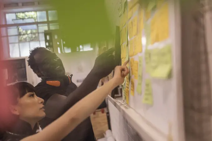Business people brainstorming with adhesive notes in office