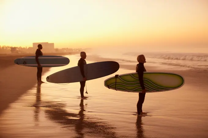 Los Angeles, USA, Surfers holding boards on beach