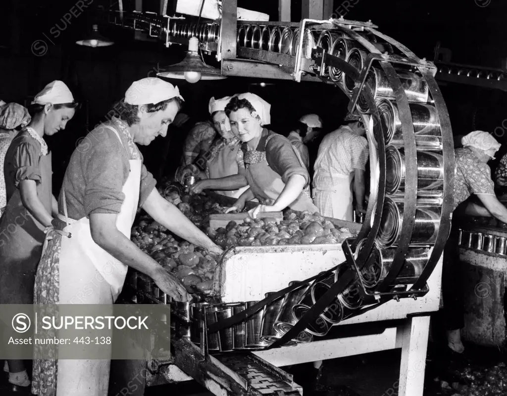 Group of mid adult women working in a canning plant, 1942
