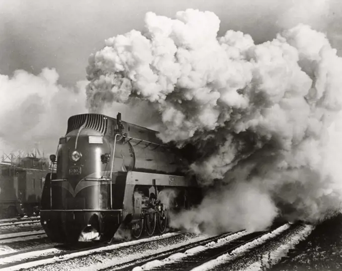 USA, Illinois, Chicago, Steam locomotive on railroad track, 1939