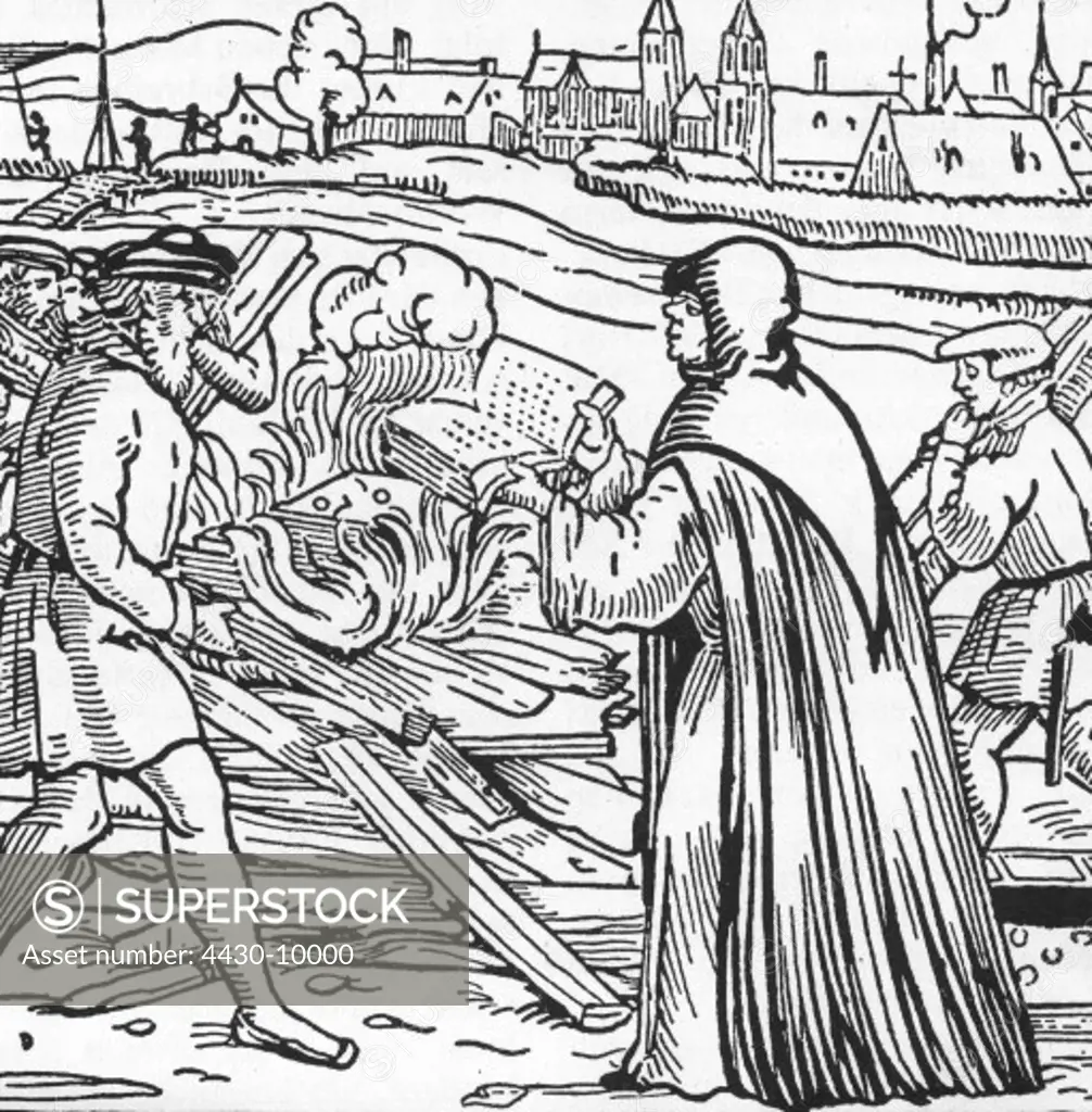 events Protestant Reformation 1517- 1555 book burning at the gates of Wittenberg woodcut 16th century,