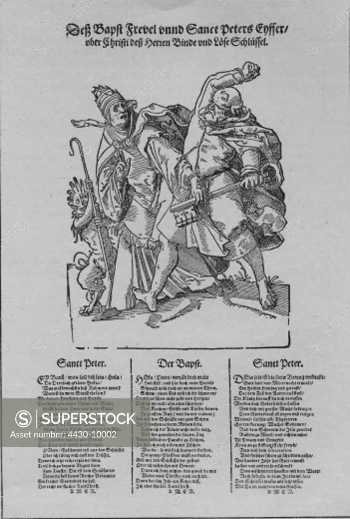 events Protestant Reformation 1517 - 1555 flyer satire ""The pope's sacrilege and Saint Peter's fury"" woodcut 16th century,