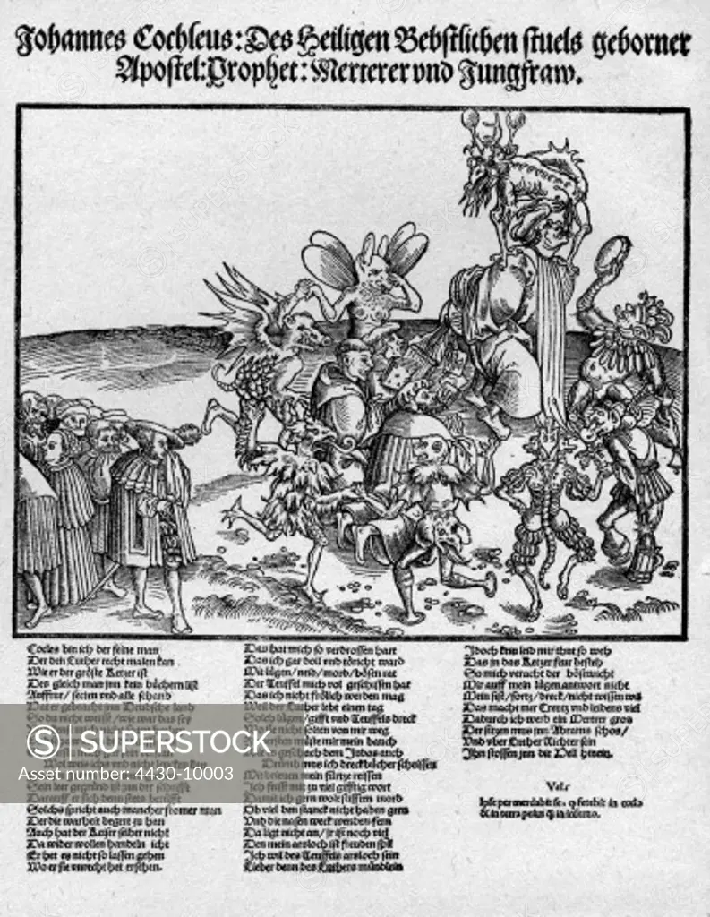 events Protestant Reformation 1517 - 1555 flyer satire against Johann Cochlaeus (1479 - 1552) woodcut 16th century,