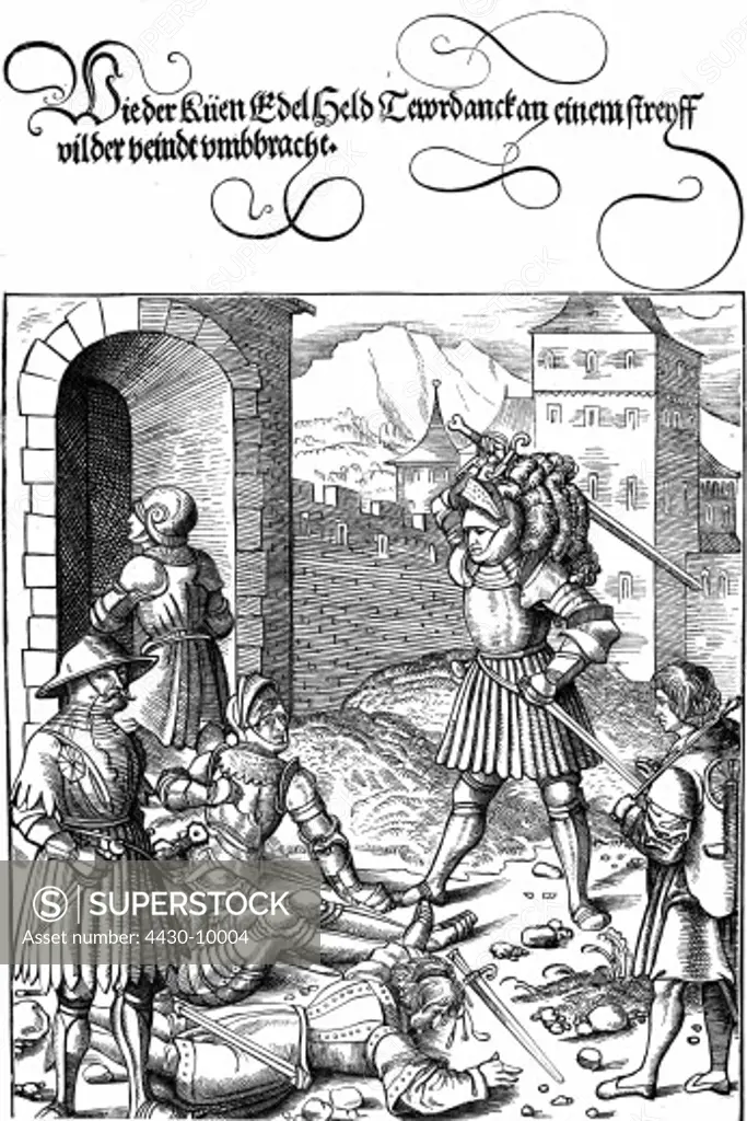 literature ""Theuerdank"" by emperor Maximilian I subedited by Melchior Pfitzing 1517 woodcut Maximilian slaying enemy,