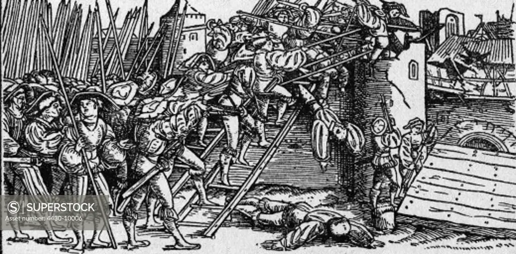 events German Peasants' War 1524 - 1526 assault on a castle contemporary woodcut,