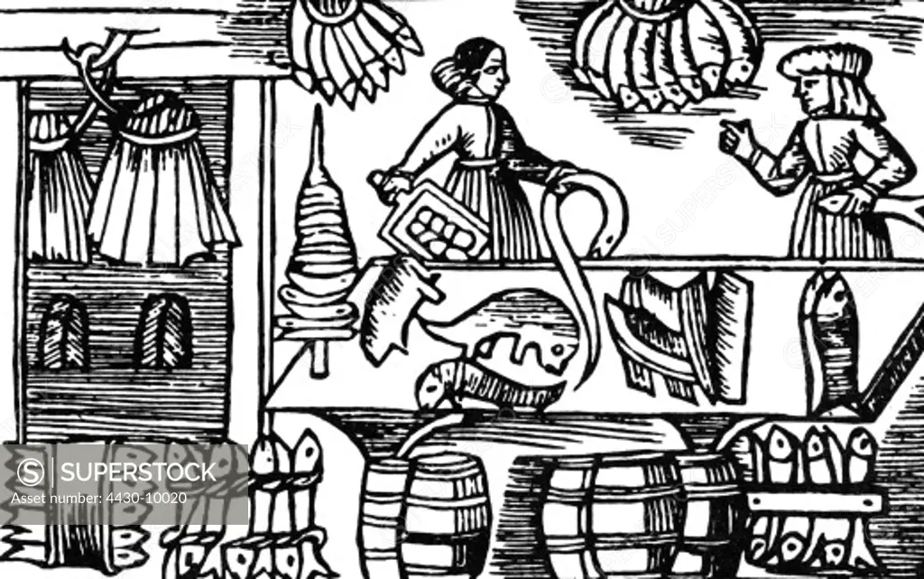 fishery salting of catch Scandinavia woodcut to ""Historia de gentibus septentrionalibus"" by Olau Magnus Rome 1555,