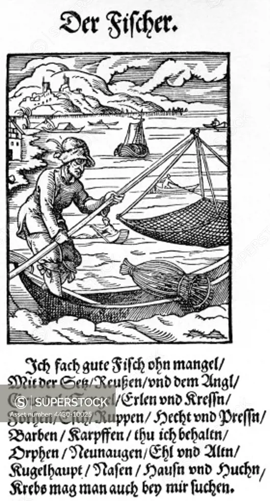 people profession fisherman woodcut ""Staendebuch"" by Jost Amman,Frankfurt am Main 1568 with verse by Hans Sachs,