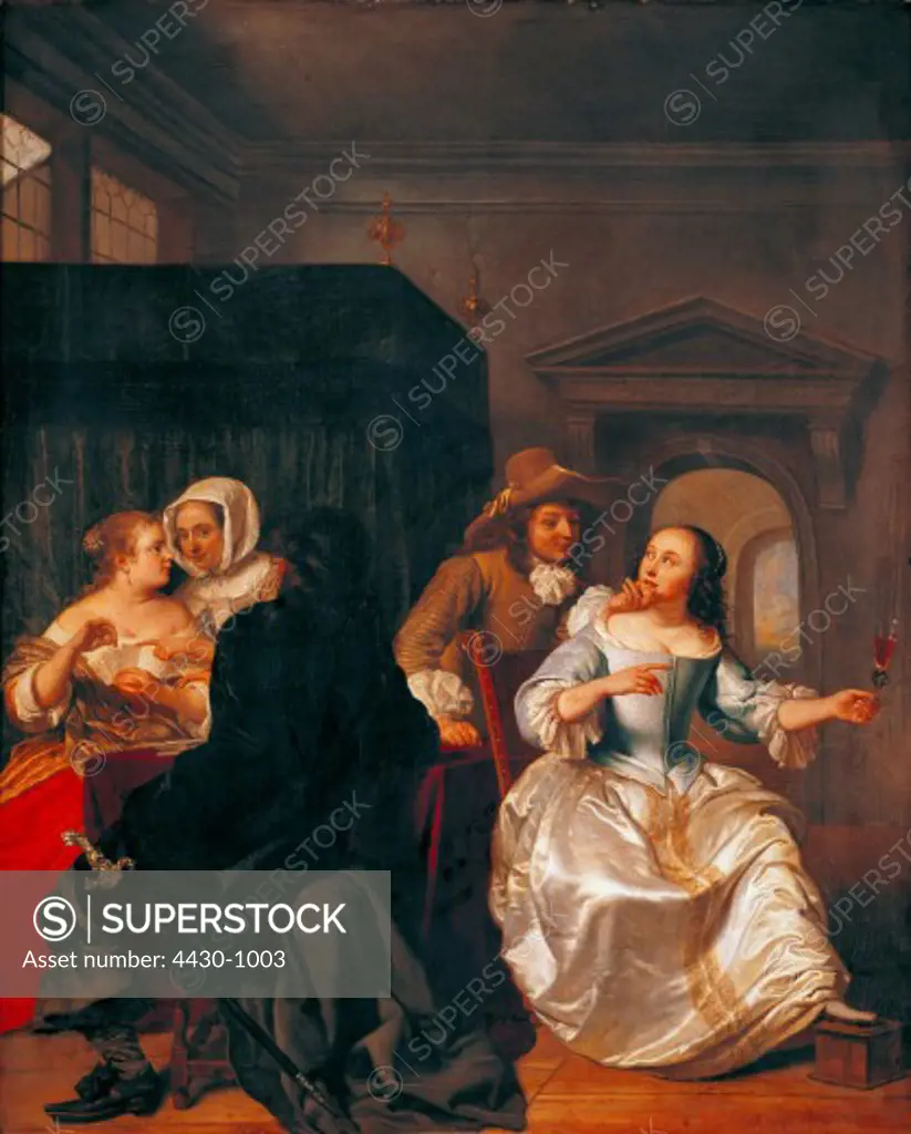 fine arts, Loo, Jacob van, (1614 - 1670), painting, ""merry company"", 1659, oil on canvas, 78,5 cm x 64 cm, Rhenian state museum, Bonn,