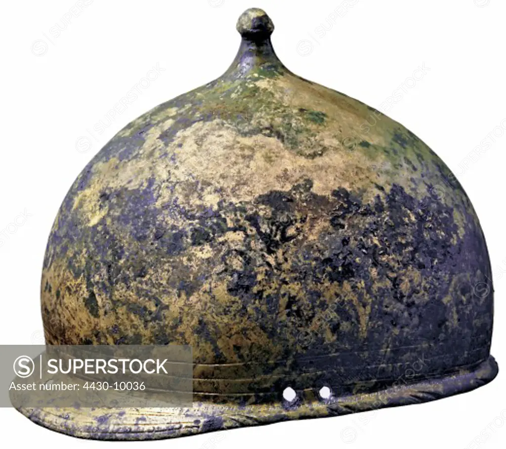weapons/arms defensive arms helmets Roman legionary helmet without cheek guards Montefortino type bronze 2nd half 2nd century BC ancient world,