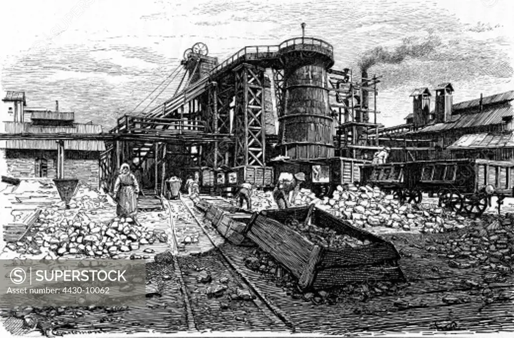 industry chemical industry soda natron plant in Szczakowa Galicia Austria-Hungary wood engraving circa 1900,