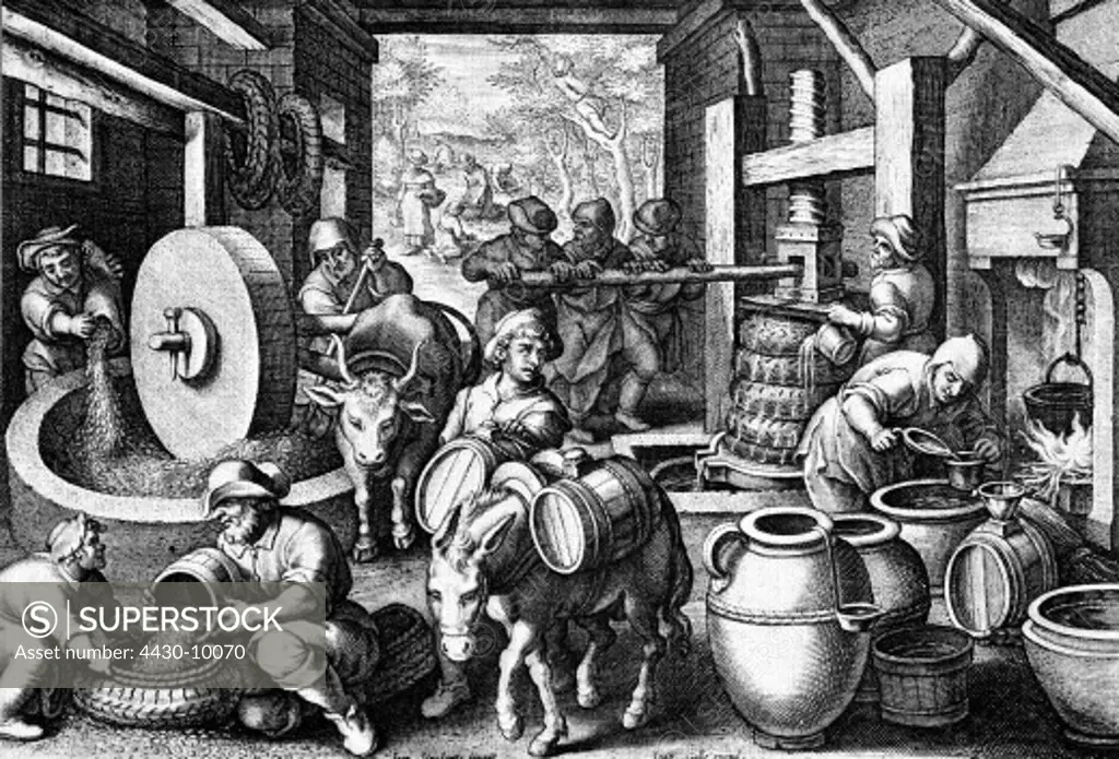 food oil olive oil extraction of oil in oil mill and press copper engraving by J. Galle of Johann Stradanus ""Nova reperta"" Amsterdam circa 1570,
