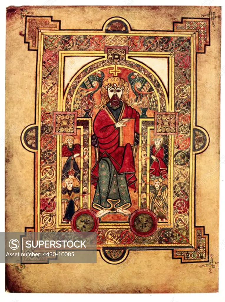 literature books book of Kells 7th - 9th century miniature initial page being enthroned Christus Trinity College Dublin,