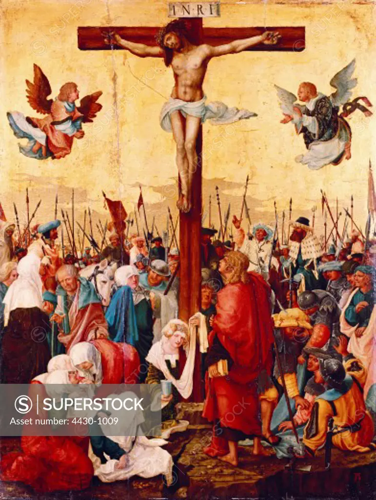 fine arts, Altdorfer, Albrecht, (1480 - 1538), painting, "" Christ on the cross"", circa 1520, wood, 75 cm x 57,5 cm, museum of fine arts, Budapest, Hungary, Europe, 16th century, religious art, religion, christianity, Jesus, passion, crucifixion,