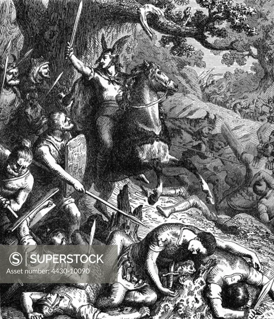 events Cimbrian War 113 - 101 BC Cimbri and Teutons in combat with the Romans wood engraving after drawing by Heinrich Leutemann 2nd half 19th century,