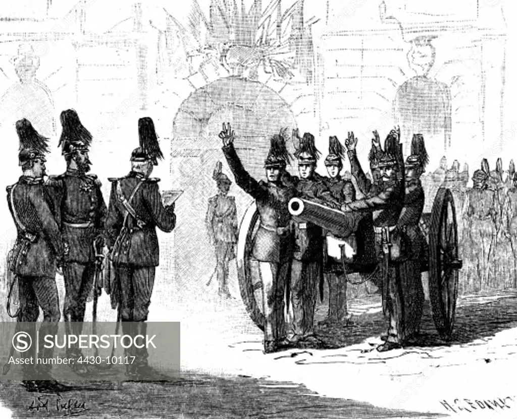 military Germany artillerymen swearing the oath of allegiance at the Berlin armoury 1888 wood engraving after drawing,