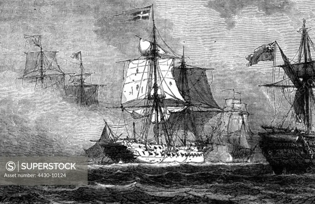 events War of the Forth Coalition 1806 - 1807 2nd Naval Battle of Copenhagen 16.8.1807 - 5.9.1807 Danish frigate ""Freya"" in combat wood engraving 19th century,