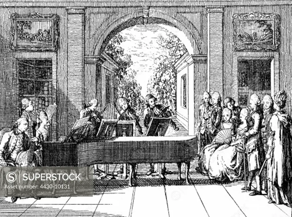 music salon music ""Musizierende Gesellschaft"" (society playing music) etching by Daniel Chodowiecki to ""Elementarwerk"" by Johann Bernhard Basedow 1774,