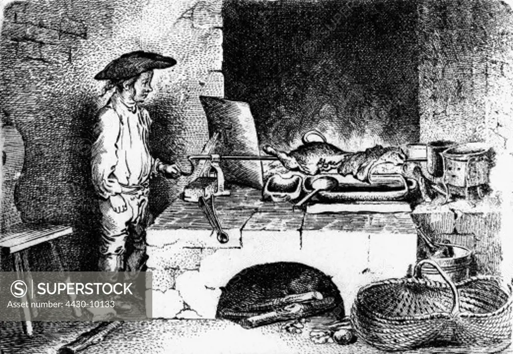 gastronomy kitchen boy turn the roast etching by Daniel Chodowiecki 18th century,