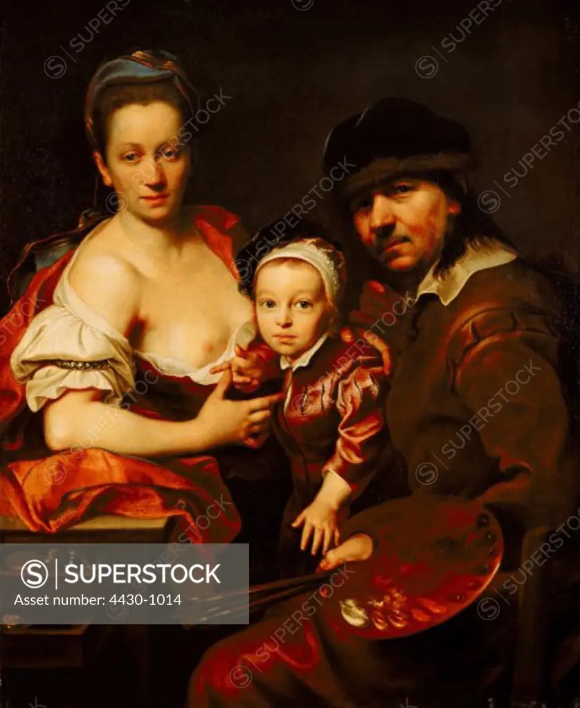 fine arts, Kupetzky, Jan, (1667 - 1740), painting, ""Portrait of the artist with wife and son"", Budapest, historic, historical, Europe, Czech Republic, Czechia, 17th / 18th century, baroque, painter, family, holding, pallet, bosom, breast, breasts, naked,