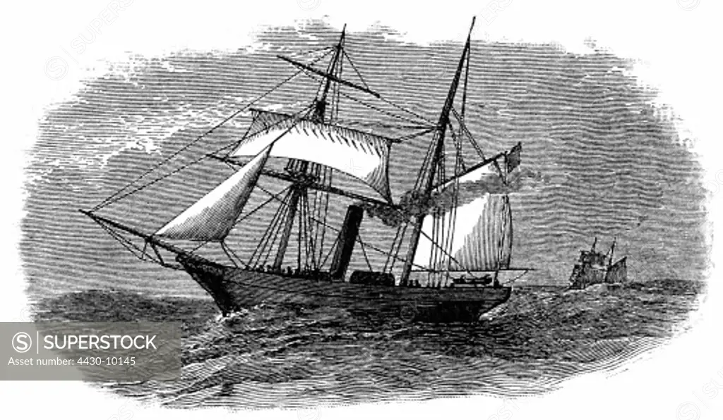 transport transportation navigation screw steamer ""Robert F. Stockton"" constructed 1838/1839 by John Ericson renamed into ""New Jersey"" 1840 pay off 1871 wood engraving 19th century,
