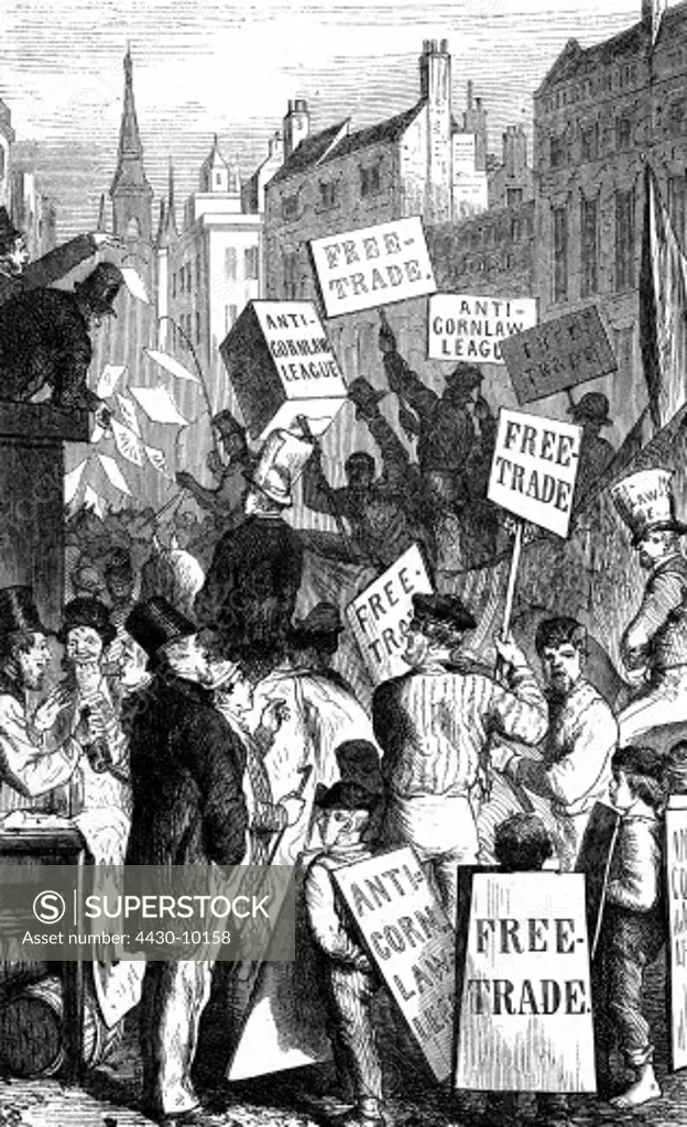 Great Britain politics demonstration of the Anti-Cornlaw-League for free trade circa 1840 wood engraving 19th century,