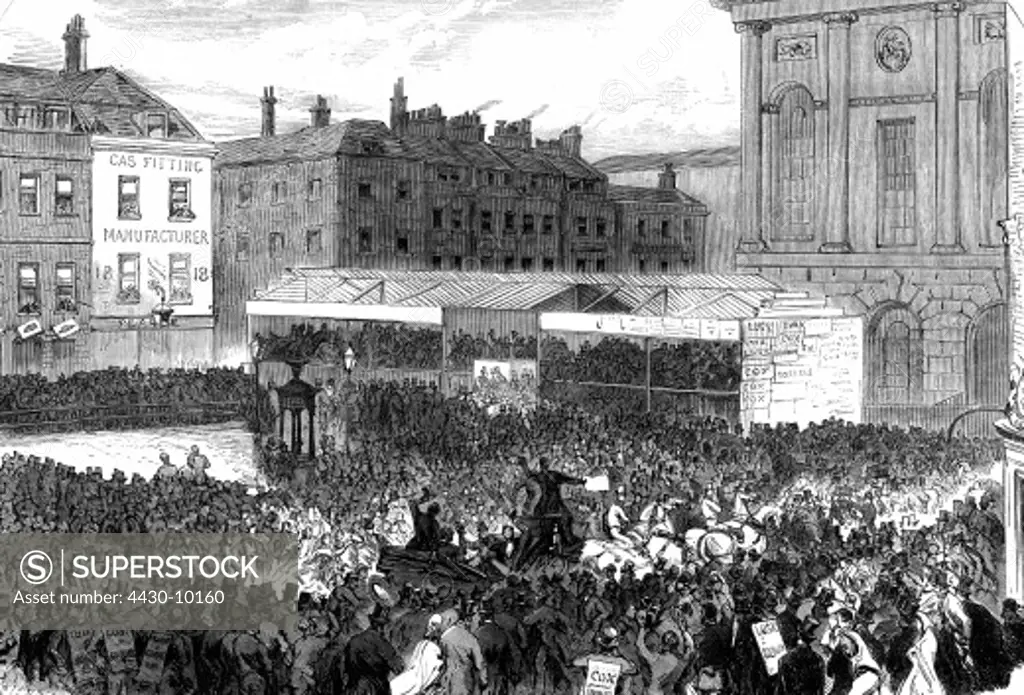 Great Britain London politics election in Finsbury Clenkenwell Green engraving 1865,