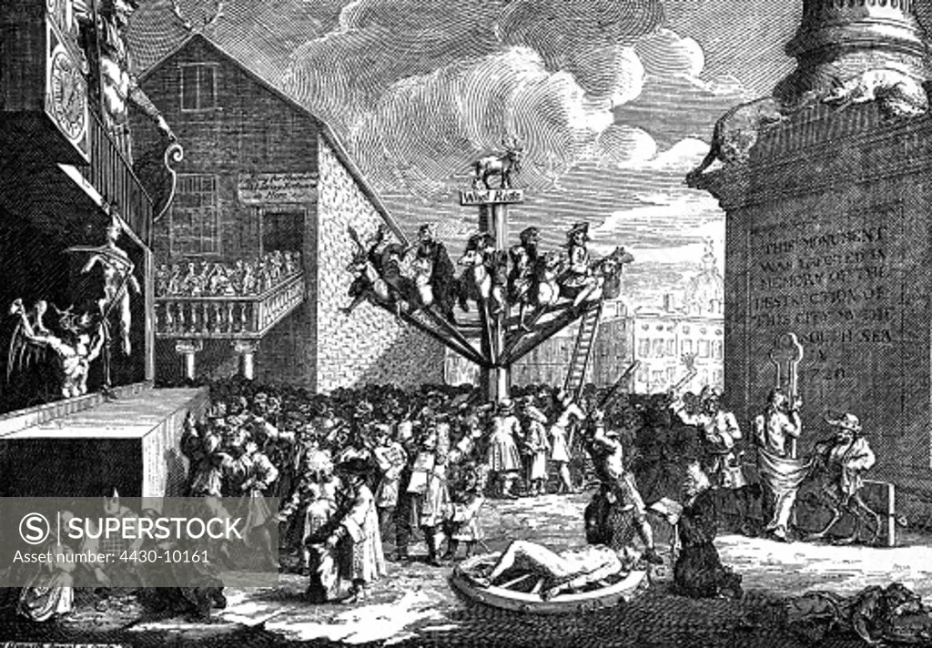 Great Britain politics ""South Sea Bubble"" collapse of the British South Sea Company 1720 satiric etching by William Hogarth,