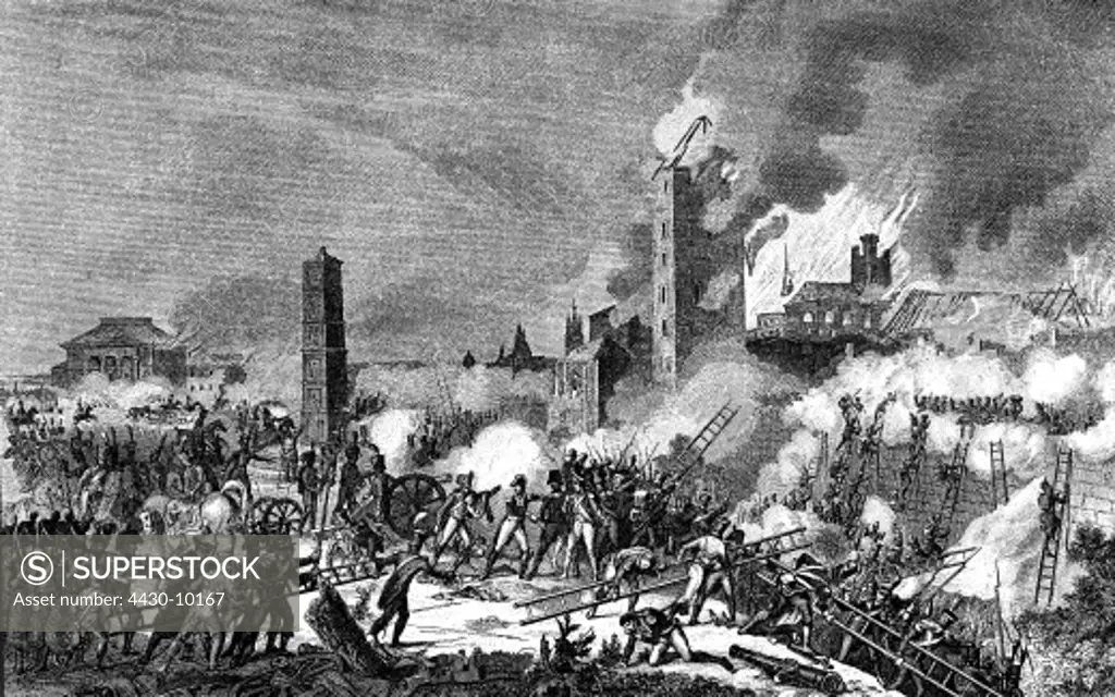 events War of the Fifth Coalition 1809 the French storming Regensburg 23.4.1809 copper engraving by Adam after painting by Thevet 19th century,