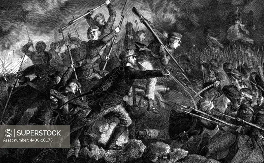 events War of the Seventh Coalition 1815 Battle of Waterloo 18.6.1815 Prussian 5th Brigade storming the Planchenoit cemetary wood engraving 19th century,