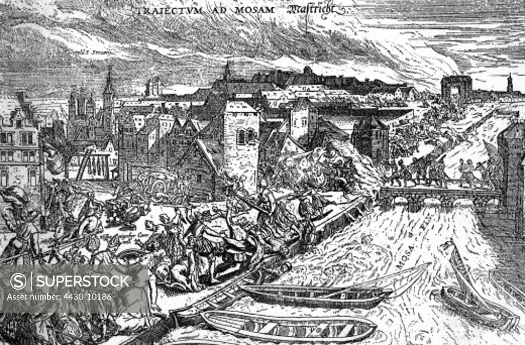 events Eighty Years' War 1568 - 1648 fall of Maastricht 29.6.1579 Spanish soldiers plundering and killing contemporary copper engraving,