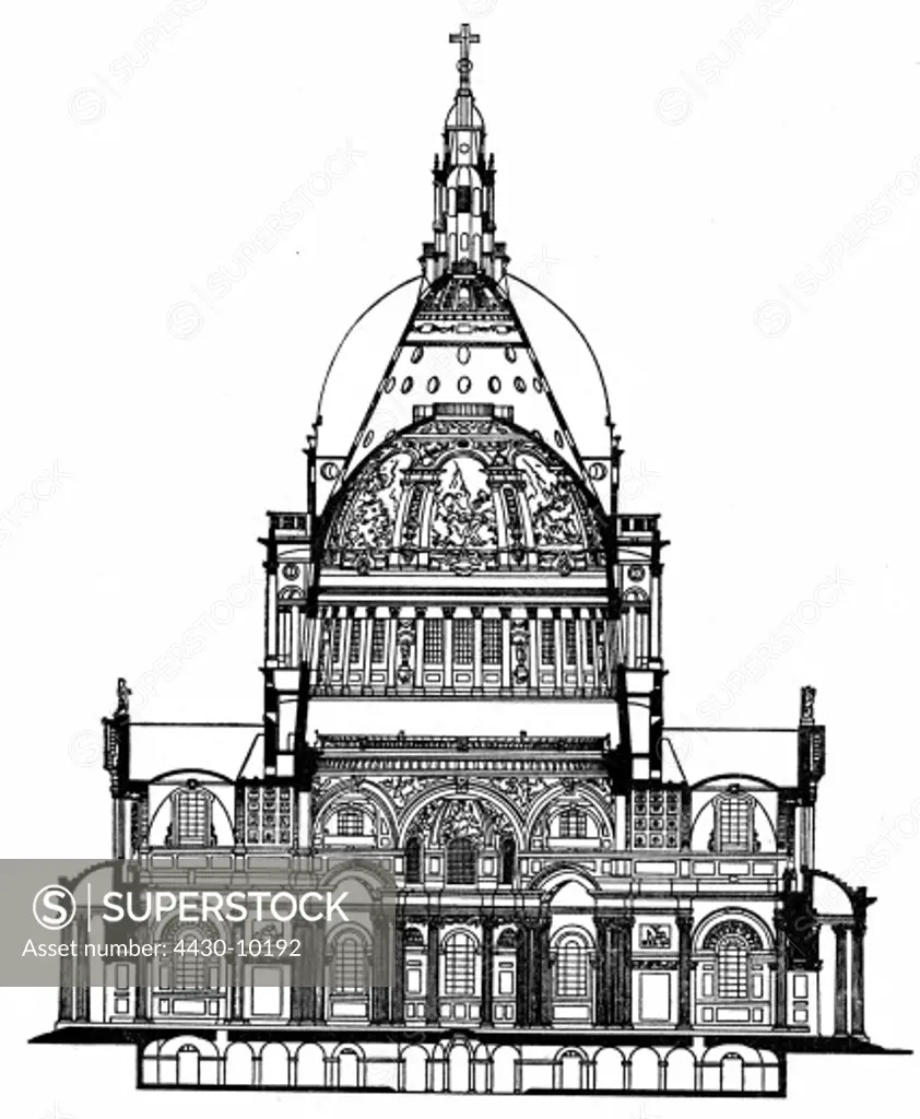 Great Britain London churches cathedral Saint Paul built 1675 - 1708 designed by Christopher Wren section engraving 19th century,