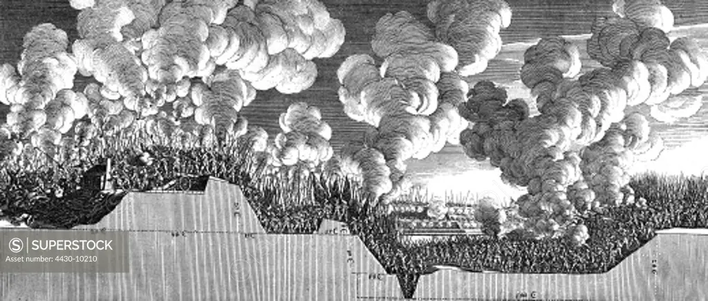 events Northern Wars 1655 - 1660 Swedish storming Fredriksodde 24.10.1657 section copper engraving by Matthaeus Merian volume 8 Frankfurt am Main 1667,