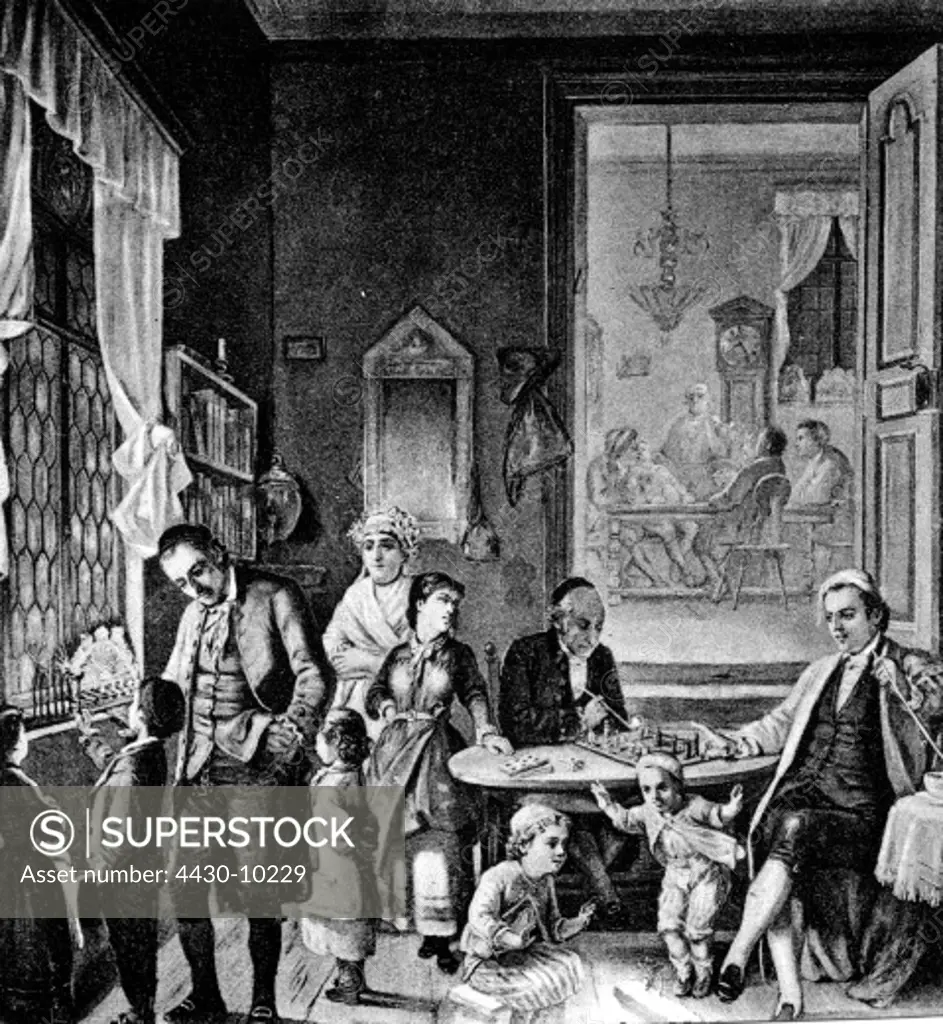 religion Judaism feasts Hanukkah celebrating family after contemporary engraving 18th century historic historical 18. Jh,