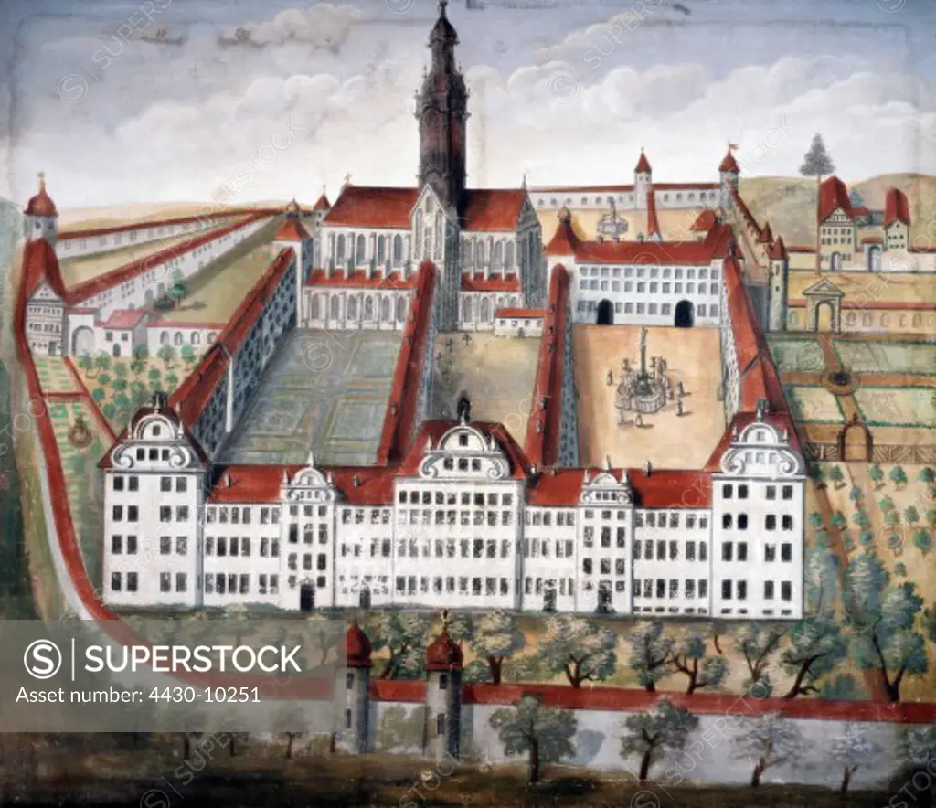 travel geography Germany churches and convents Salem Cistercian monastery overview painting 18th century Salem castle Baden-W»rttemberg,