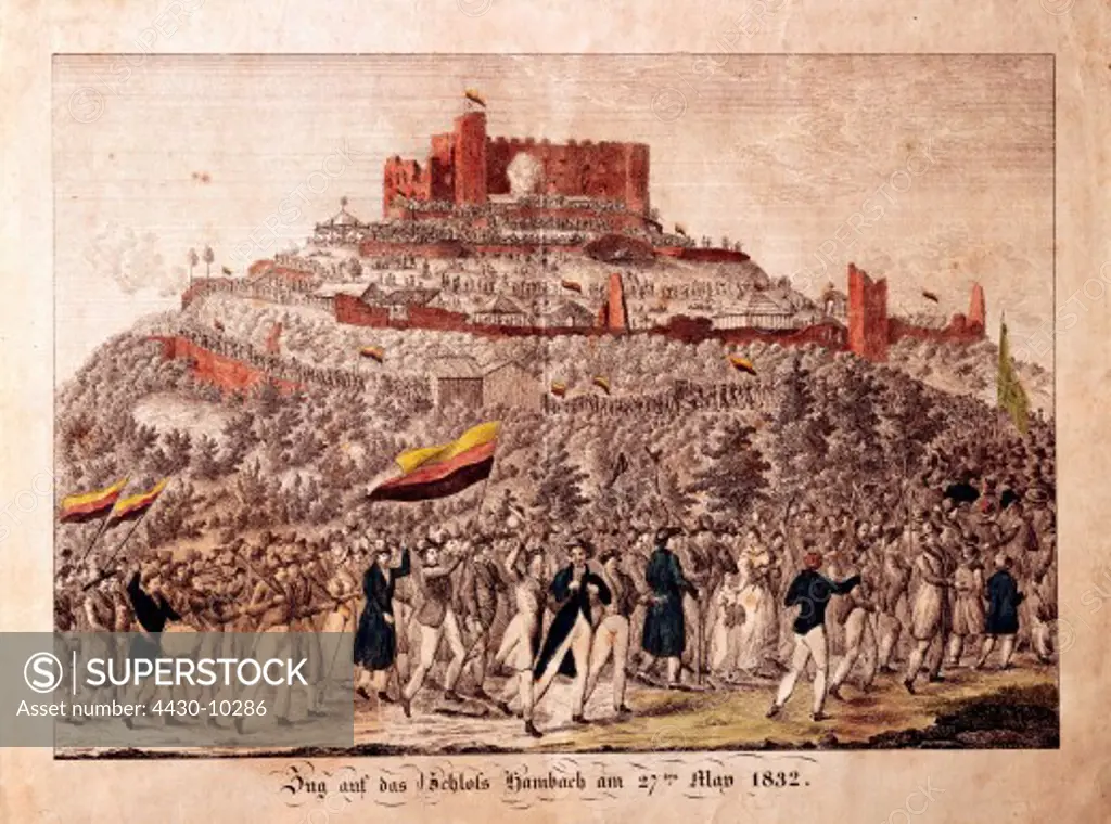 events Hambacher Fest 27.5.1832 - 30.5.1832 march to castle Hambach 27.5.1832 coloured engraving Historical Museum of the Palatinate Speyer Germany politics demonstration flag national colours black red and gold rhineland Kingdom Bavaria,