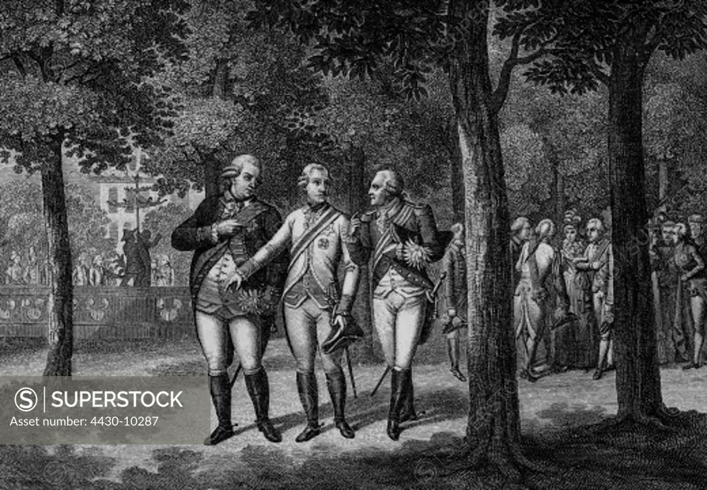 events War of the First Coalition 1791 - 1797 conference at Pillnitz 25.- 27.8.1791 meeting of King Frederick William II of Prussia Emperor Leopold II and Charles Count of Artois (King Charles X of France) conteporary engraving by Fleischmann Nuremberg,