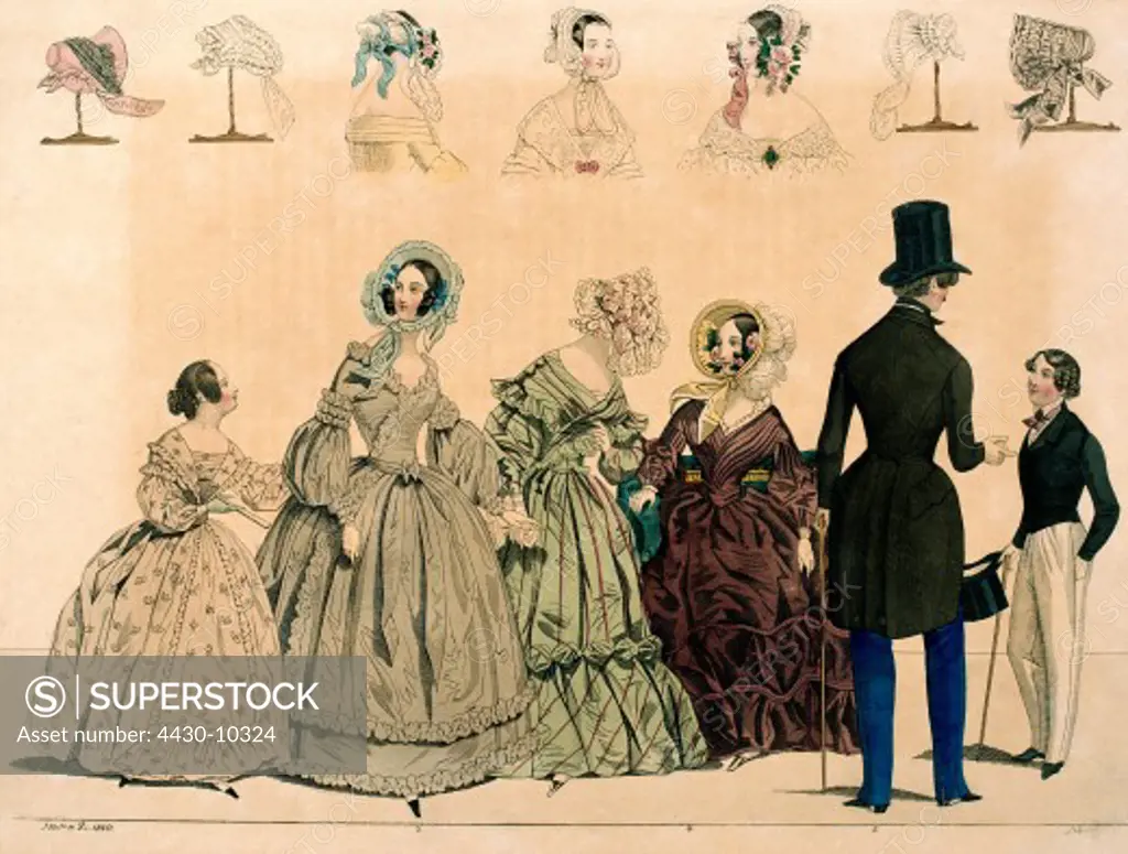 fashion 19th century ladies fashion three ladies and two gentlemen in daily wear 1840 drawing by A. Br»ckner,