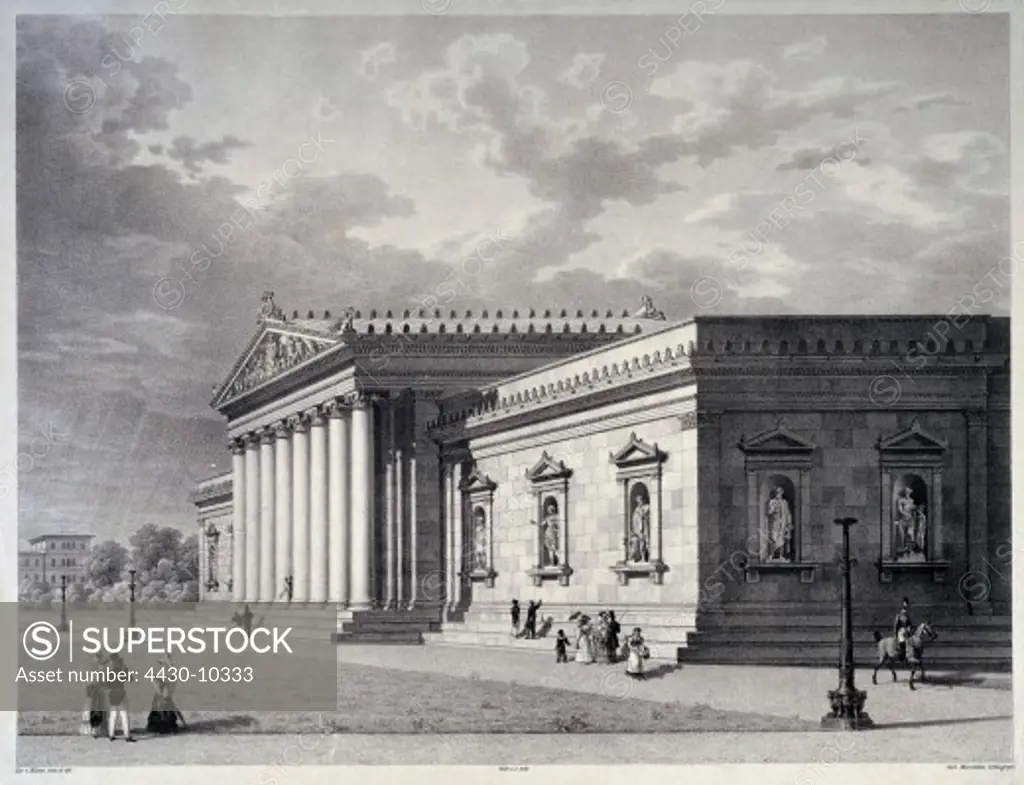 geography/travel Germany Munich buildings Glyptothek built by Leo von Klenze (1784 - 1864) exterior view engraving by Karl Heinzmann circa 1840 historical historic arts building Europe Bavaria 19th century museum museums architecture classicism classicistic,