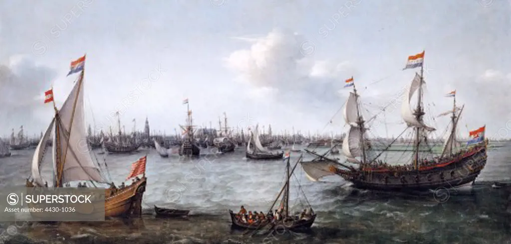 fine arts, Vroom Hendric Cornelisz (1566 - 1640), painting ""The Harbour in Amsterdam"", oil on canvas, 97 x 201 cm, State Gallery Castle Schleissheim,
