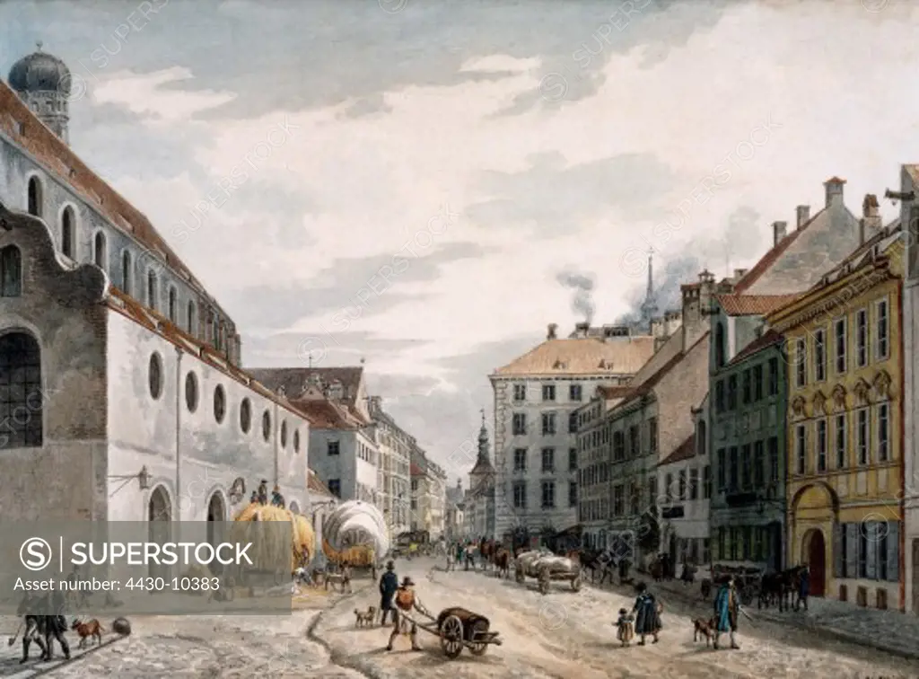 geography/travel Germany cities Munich street scenes Neuhauser street watercolor by Heinrich Adam 1828 historical historic,