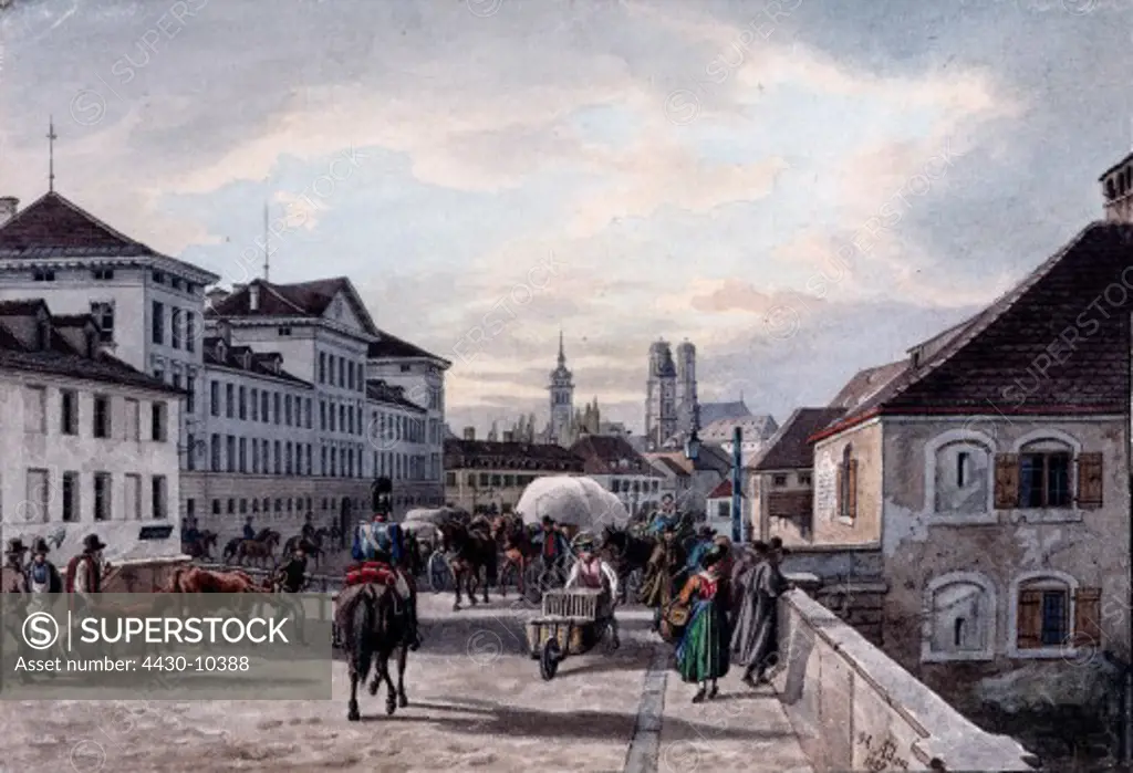 geography/travel Germany cities Munich street scenes Tal Radlsteg watercolor by Heinrich Adam 1829 historical historic,