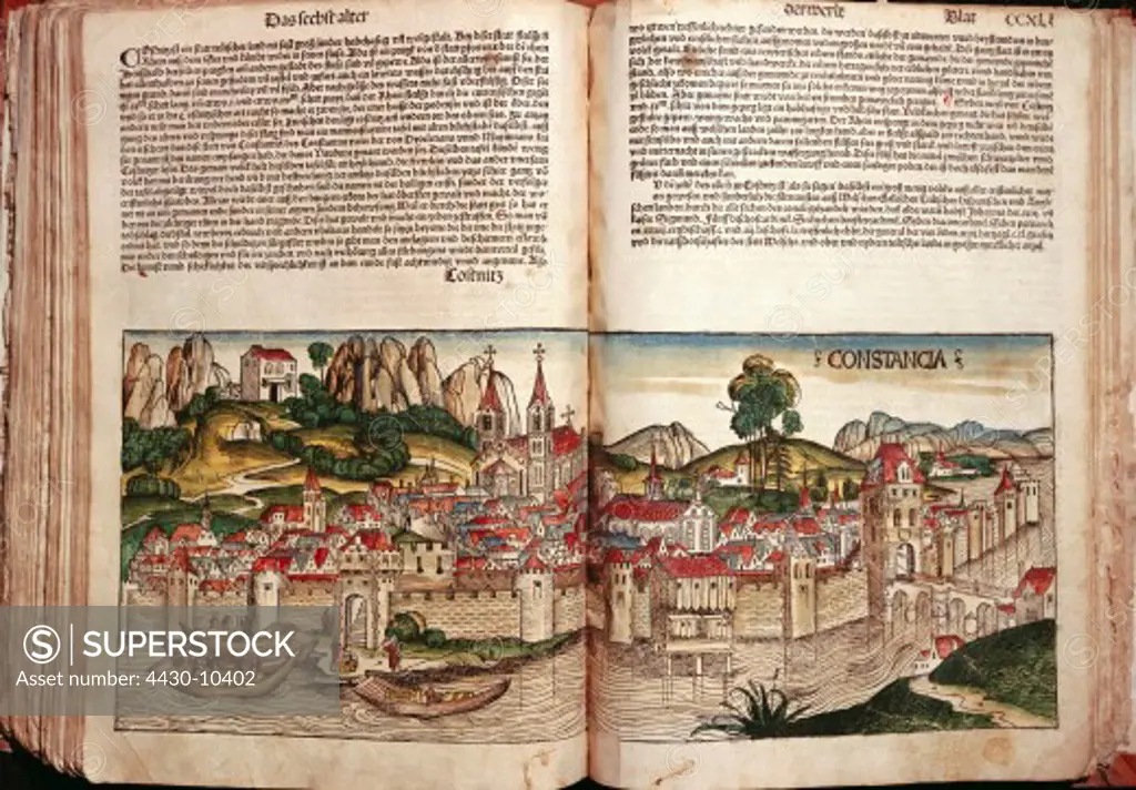 geography/travel Germany Constance view coloured woodcut by Michael Wohlgemut or Wilhelm Pleydenwurff world chronicle by Hartmann Schedel Nuremberg 1493,
