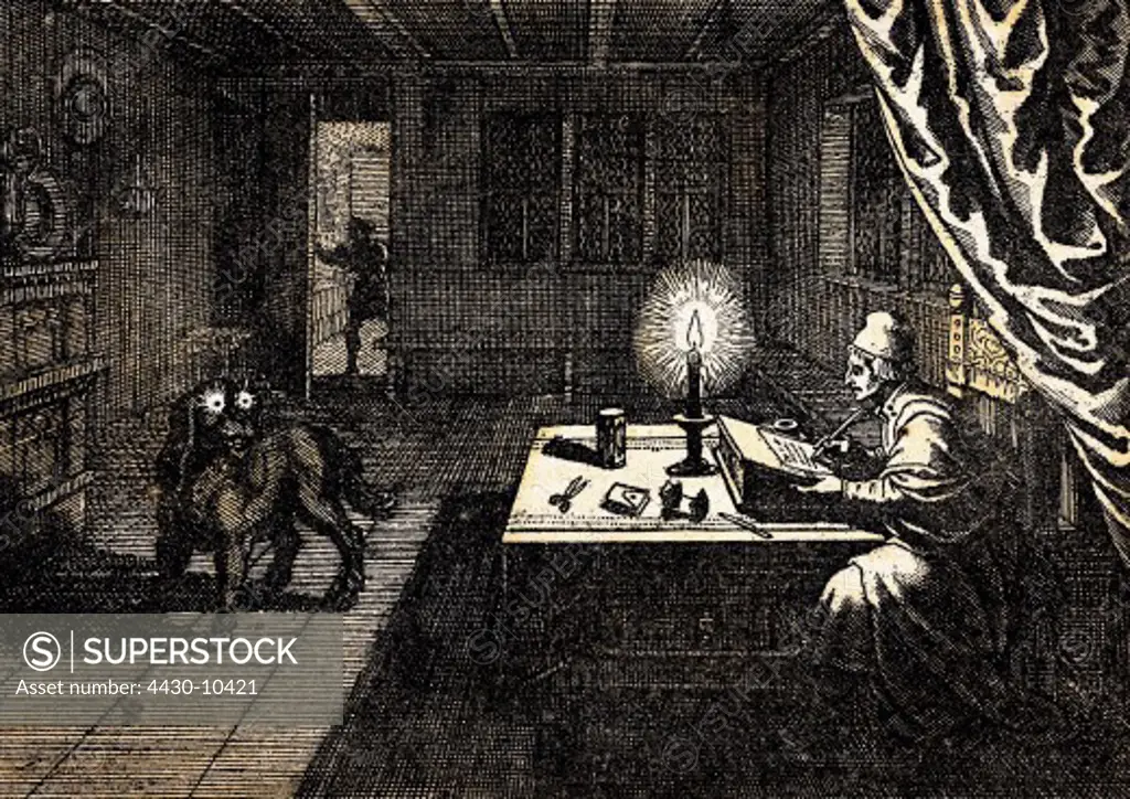 superstition necromancy necromancer invoking ghost in form of dog engraving by Matth_us Merian the Elder (1593 - 1650) from ""Chronika"" by A.Gottfried Frankfurt 1674 private collection historic historical Europe Germany 17th century esotericism occultism magic sorcery sorcerer sitting writing table candle Matthaeus Matthaus,