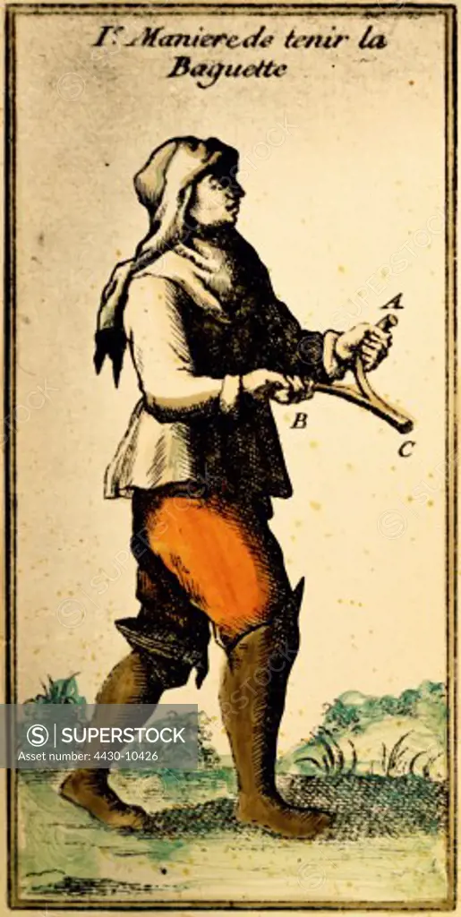 superstition the three methods to hold a divining rod classic usage colour engraving from ""La physique occulte"" by abb_ de Vallemont Den Haag 1762 private collection historic historical Europe Netherlands 18th century esotericism occultism magic turban dowsing dowser abbe,
