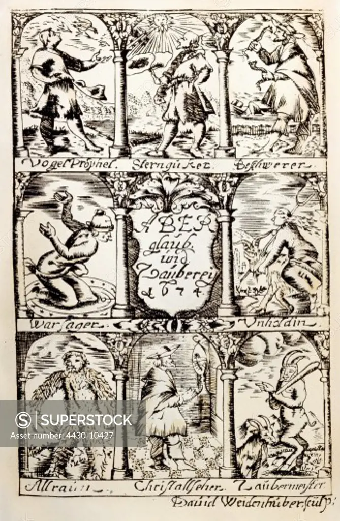 superstition different magicians and fortunetellers engraving by David Weidenhuber title for ""Magialogia"" by Bartholom_us Anhorn Germany circa 17th century private collection historic historical Europe Germany 17th century esotericism occultism magic sorcerers,