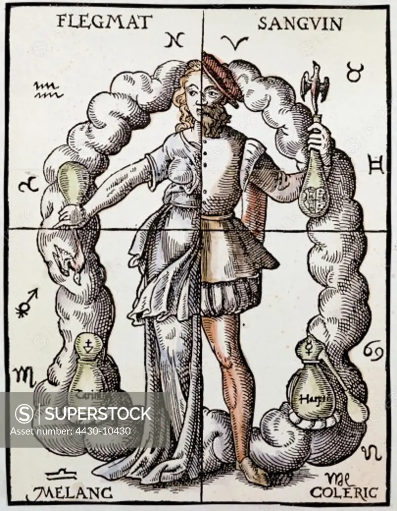superstition symbolism of numbers ""4"" androgynous with four elements and temperaments colour woodcut from ""Quinta essencia"" by Leonhard Thurneysser zu Thurn (1531 - 1596) circa 16th century private collection historic historical Europe esotericism occultism magic number,