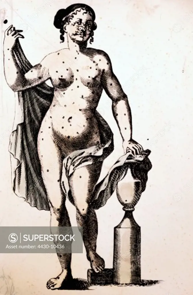superstition woman moles as microcosmic correspondents to astral apparitions colour engraving Italy 18th 19th century private collection historic historical Europe esotericism occultism magic microcosmos macrocosmos human body part parts mole,