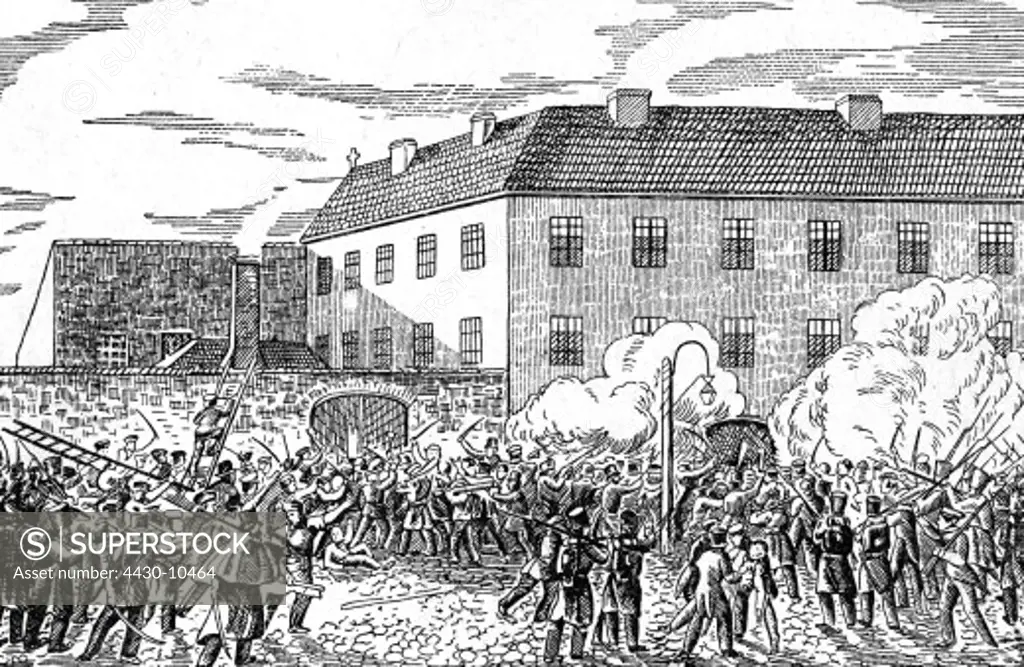 Polish uprising 1830 - 1831 insurgents storming the prison in Warsaw November 1831 Russian illustration after Dietrich,