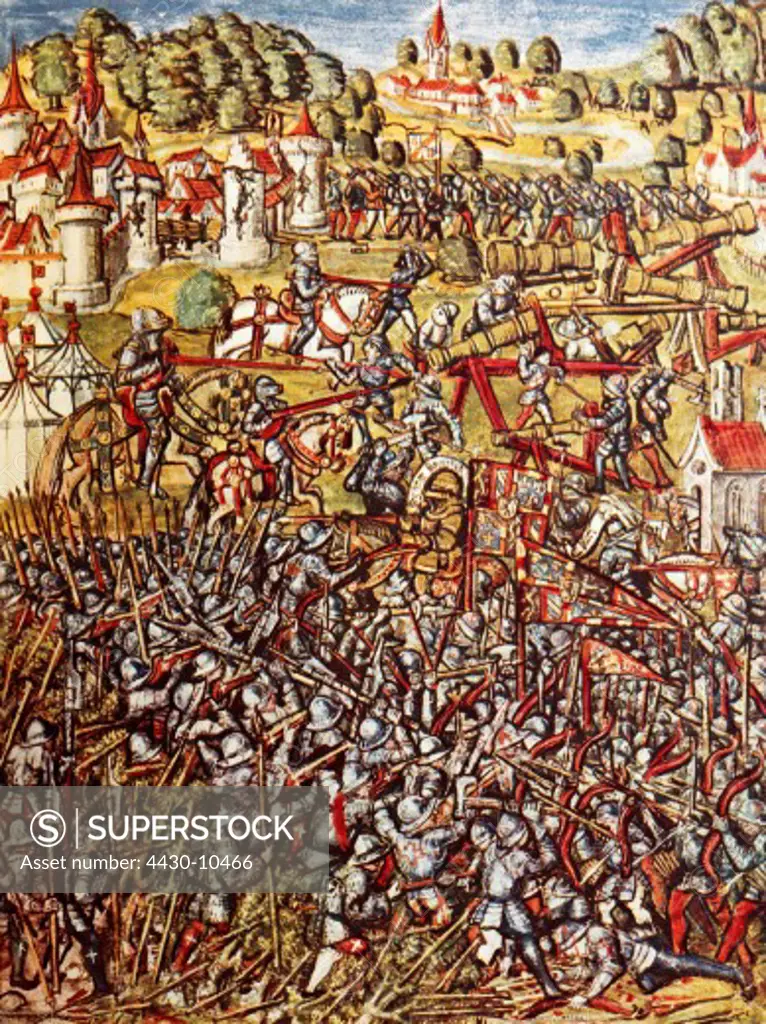 events Burgundy Wars 1474 - 1477 Battle of Nancy 5.1.1477 left page Lucerne chronicle by Diebold Schilling 1513 Switzerland Swiss infantry,